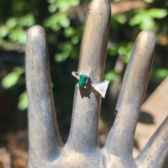 Moonstone & Malachite geometric open design sterling rung sz7 adjustable - Picture 7 of 8